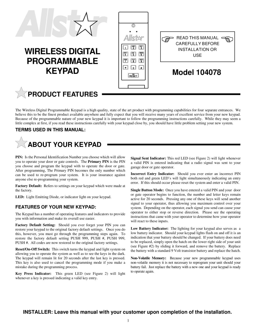 Allstar Products Group 104078 operating instructions Product Features, About Your Keypad, Terms Used in this Manual 