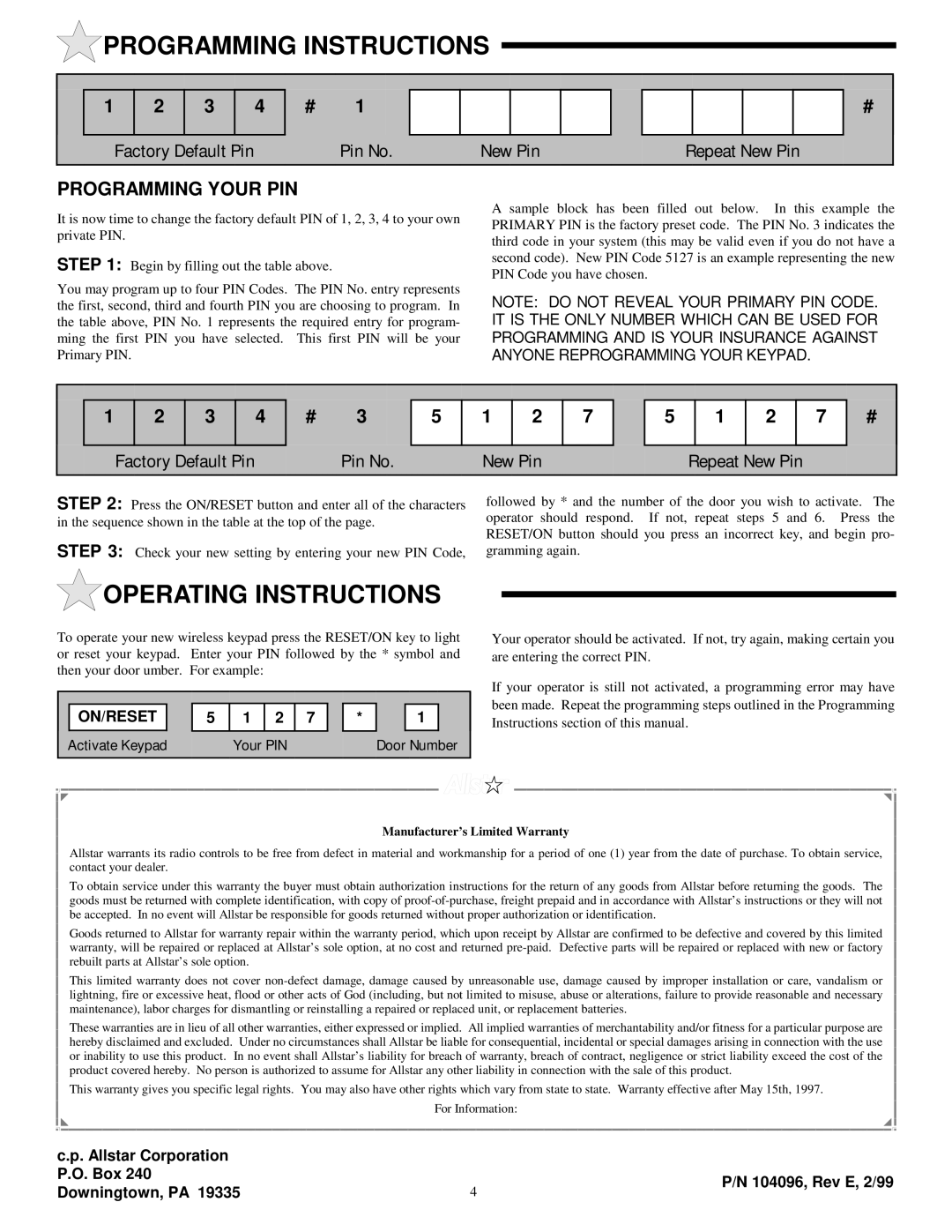 Allstar Products Group 104078 Operating Instructions, Factory Default Pin Pin No New Pin Repeat New Pin 