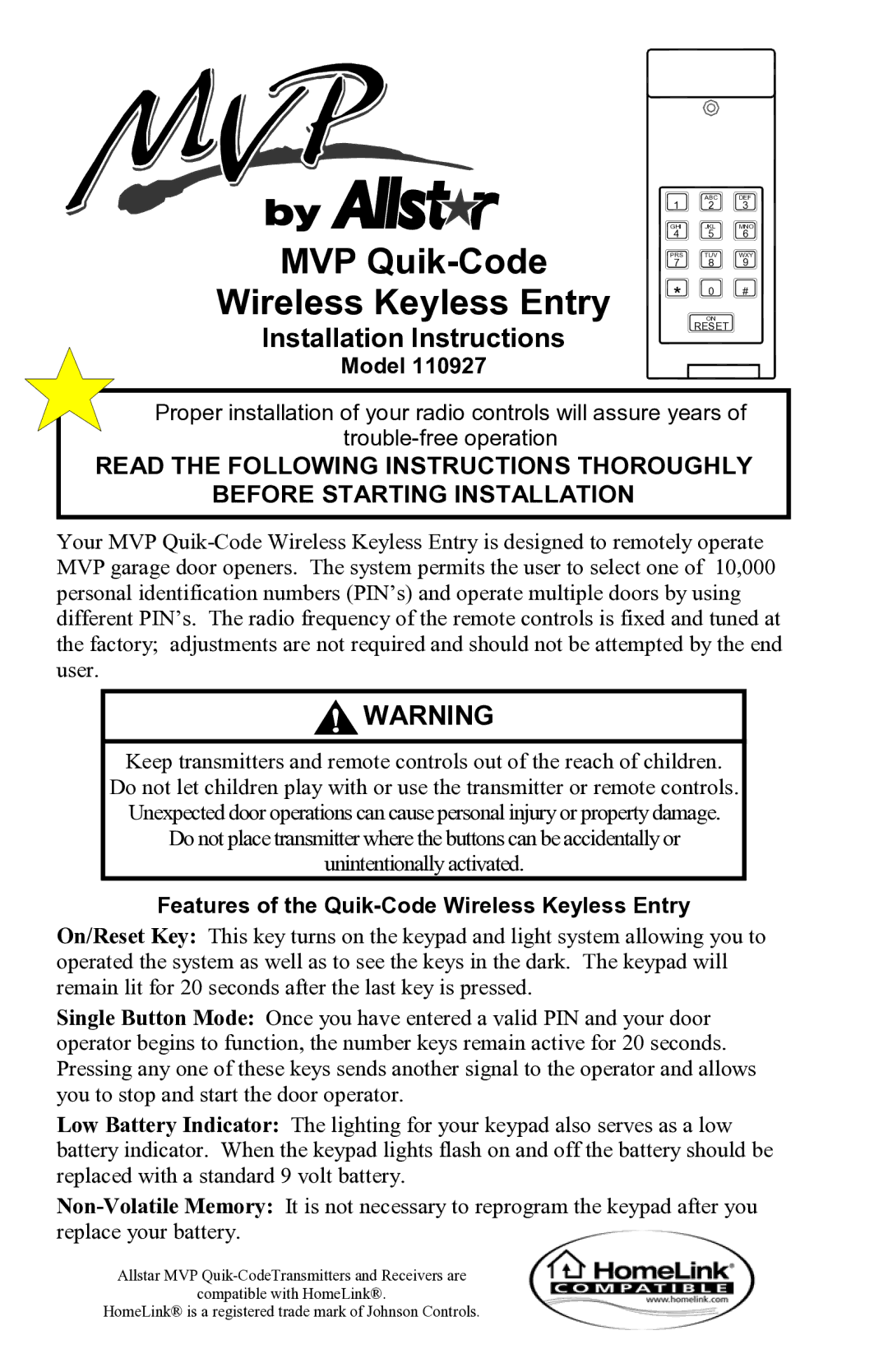 Allstar Products Group 110927 installation instructions Model, Features of the Quik-Code Wireless Keyless Entry 