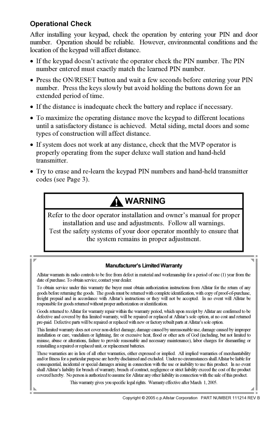 Allstar Products Group 110927 installation instructions Operational Check, Manufacturer’s Limited Warranty 