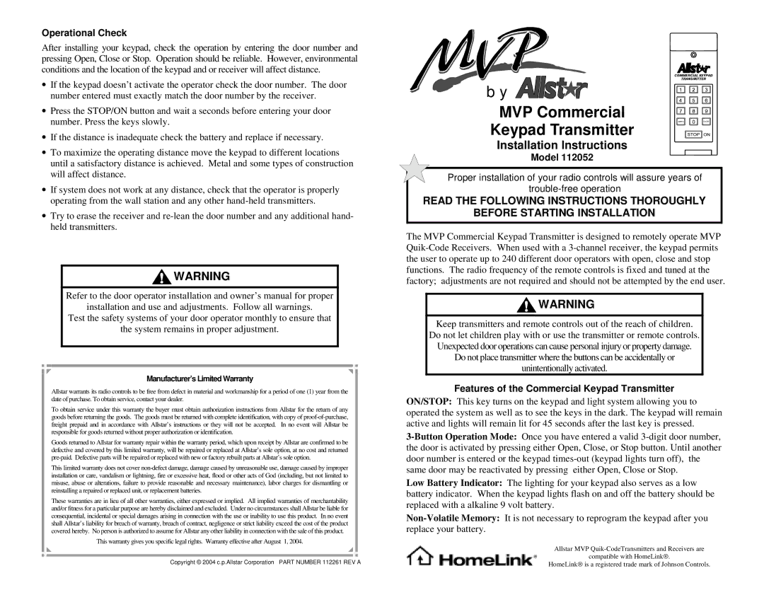 Allstar Products Group 112052 installation instructions Operational Check, Model 