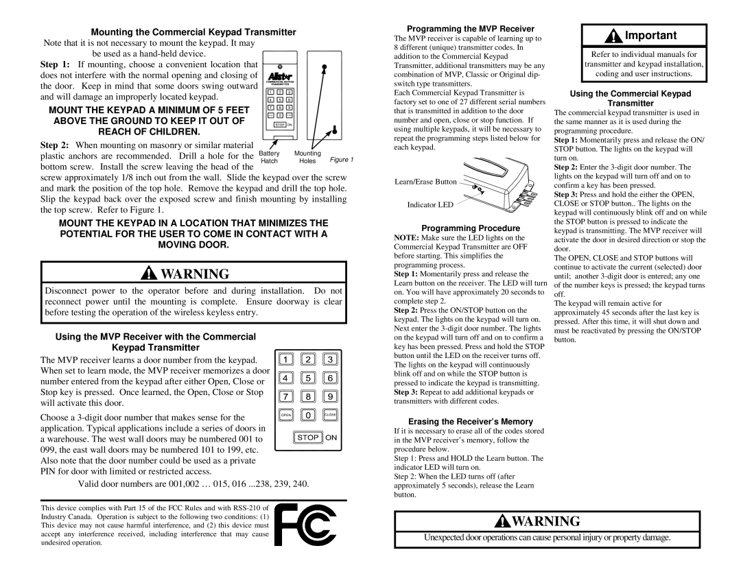 Allstar Products Group 112052 Mounting the Commercial Keypad Transmitter, Programming the MVP Receiver 