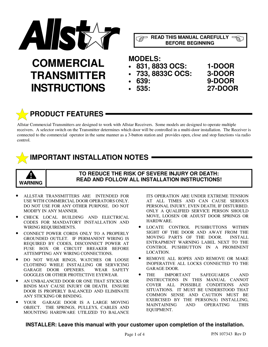 Allstar Products Group 535, 831, 639 installation instructions Models Door, Product Features, Important Installation Notes 