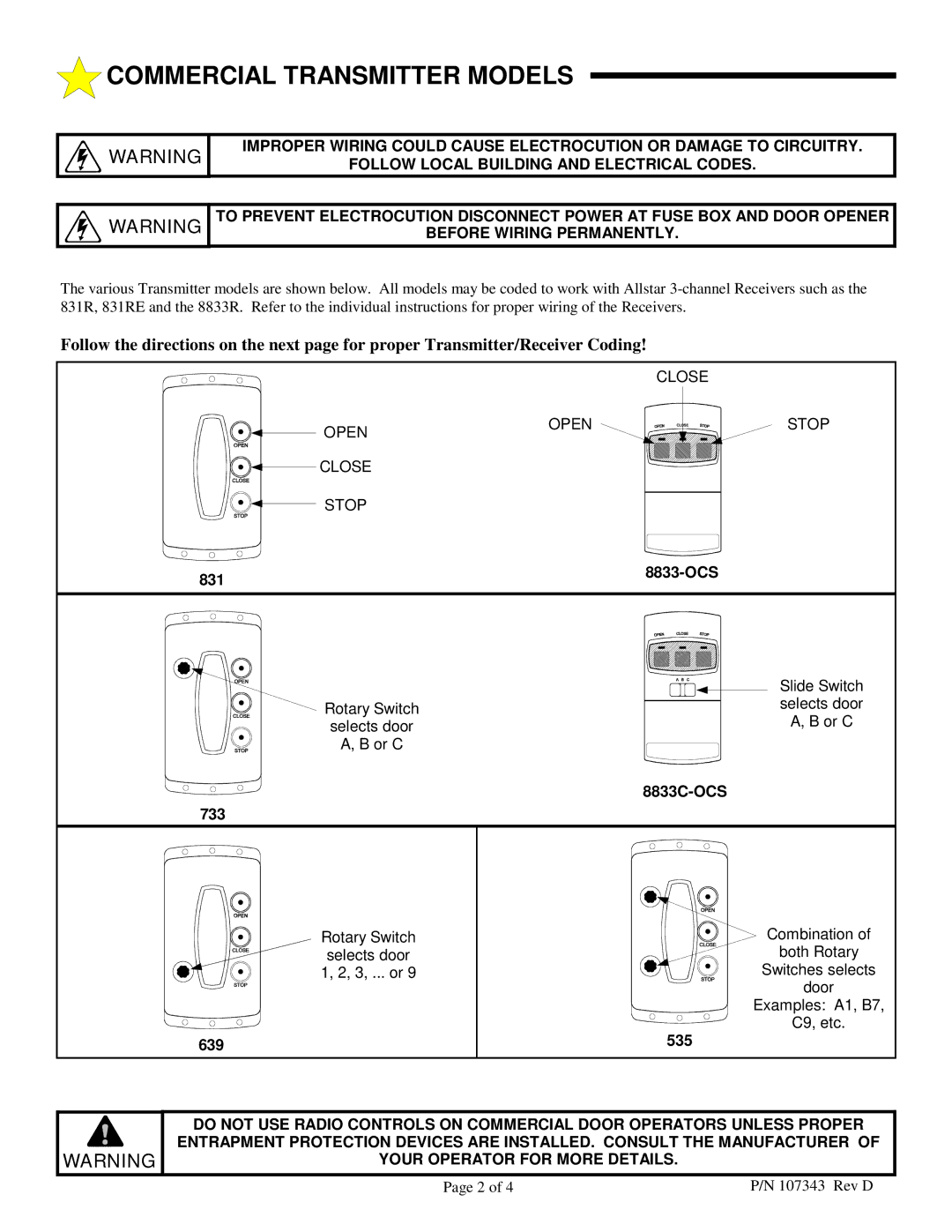 Allstar Products Group 639, 831, 535, 733 Commercial Transmitter Models, Follow Local Building and Electrical Codes 