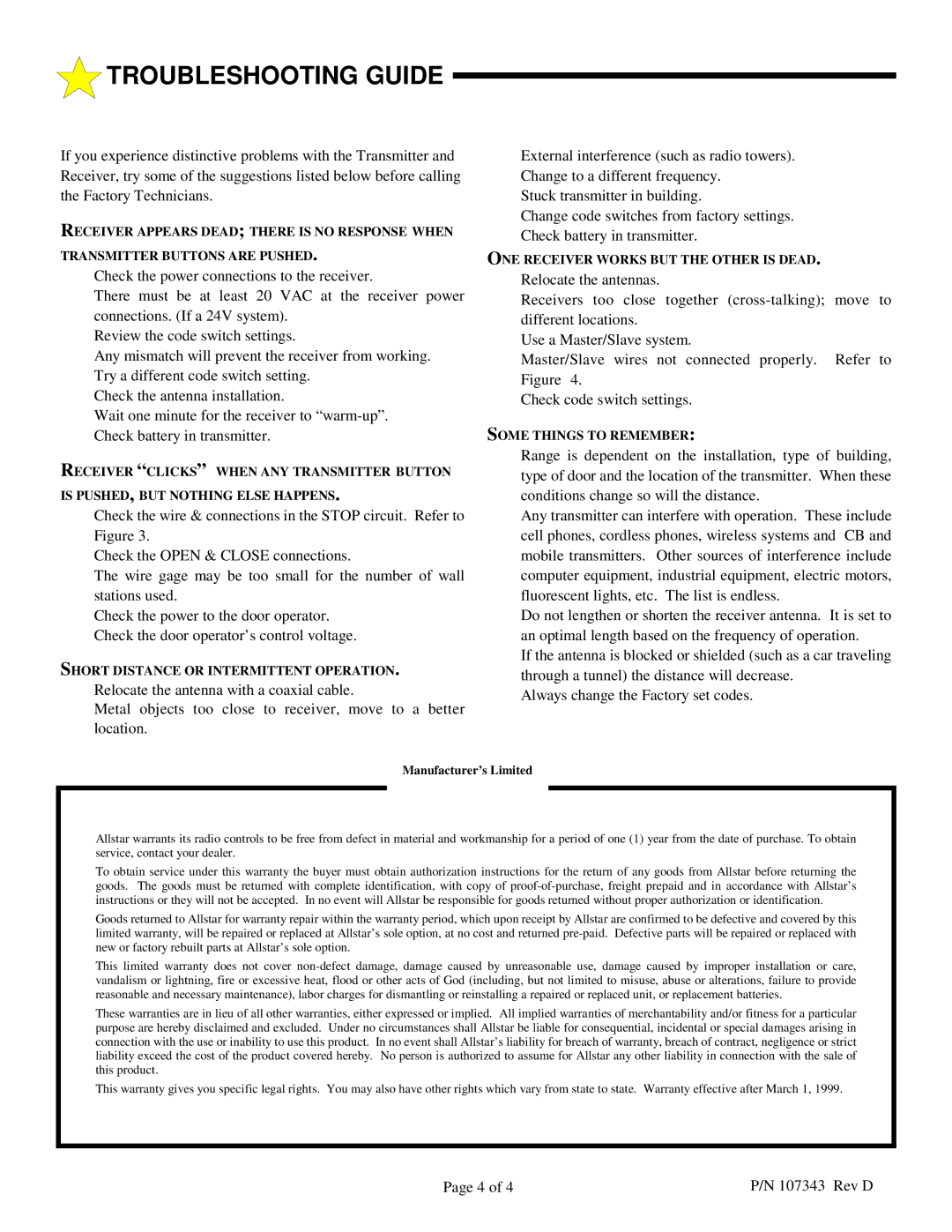 Allstar Products Group 831, 535, 639, 733 installation instructions Troubleshooting Guide, Manufacturer’s Limited 