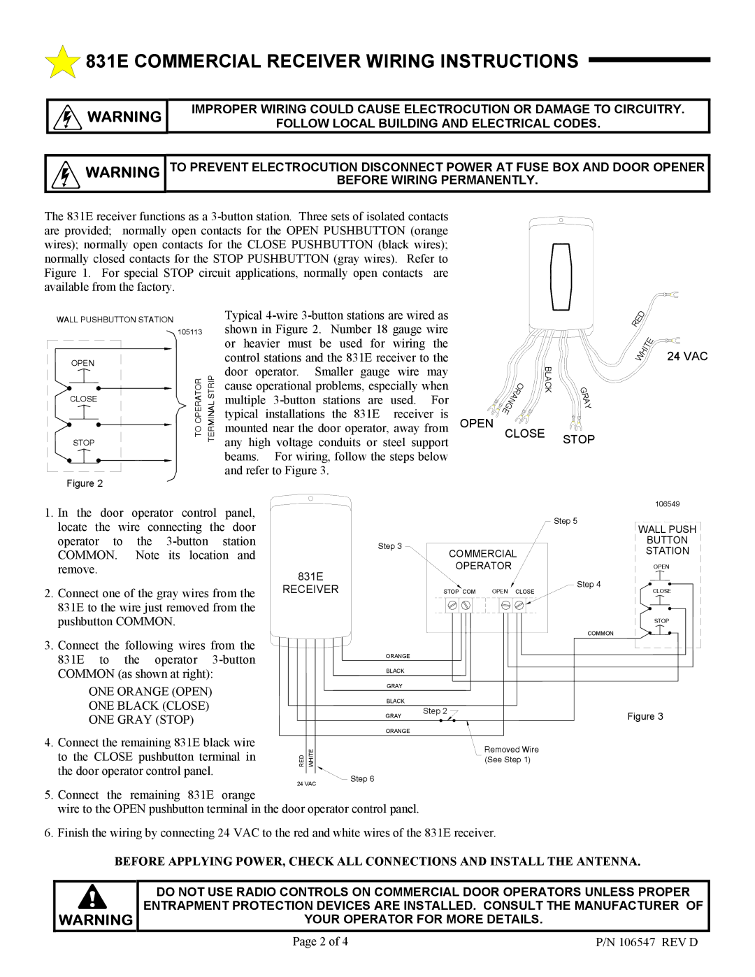 Allstar Products Group 831E Commercial Receiver Wiring Instructions, Follow Local Building and Electrical Codes 