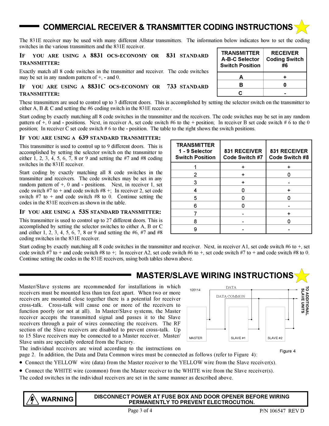 Allstar Products Group 831E Commercial Receiver & Transmitter Coding Instructions, MASTER/SLAVE Wiring Instructions 