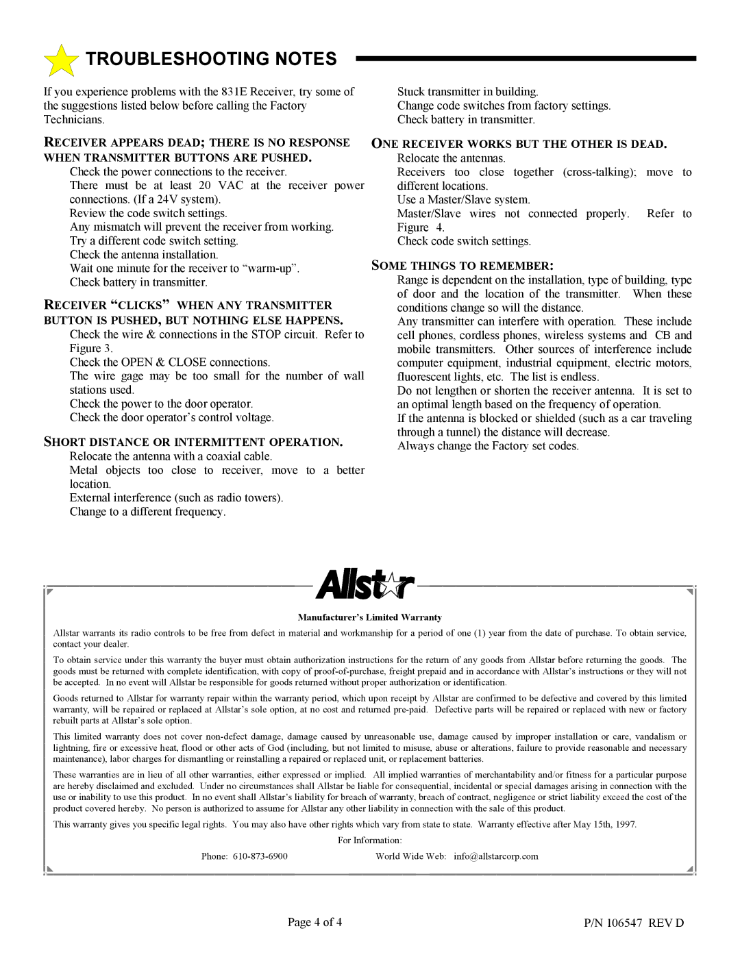 Allstar Products Group 831E Troubleshooting Notes, Short Distance or Intermittent Operation, Some Things to Remember 