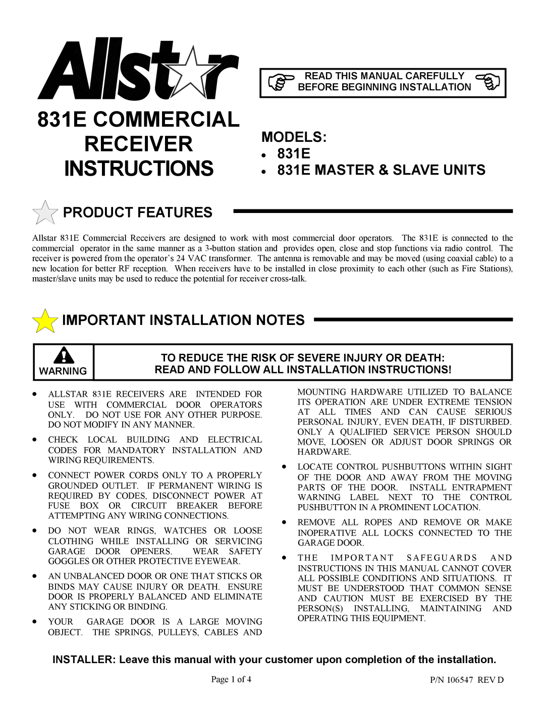 Allstar Products Group installation instructions 831E COMMERCIAL, Receiver, Instructions, Models, Product Features 