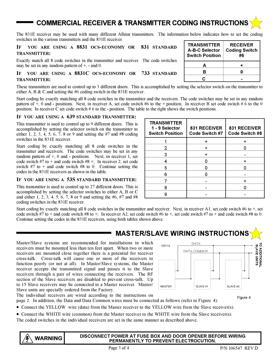 Allstar Products Group 831E Commercial Receiver & Transmitter Coding Instructions, Master/Slave Wiring Instructions 