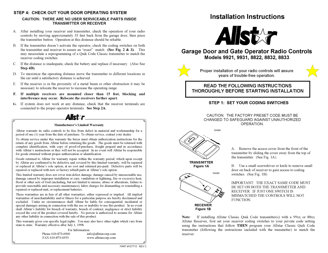 Allstar Products Group 9931, 9921 installation instructions Check OUT Your Door Operating System, SET Your Coding Switches 