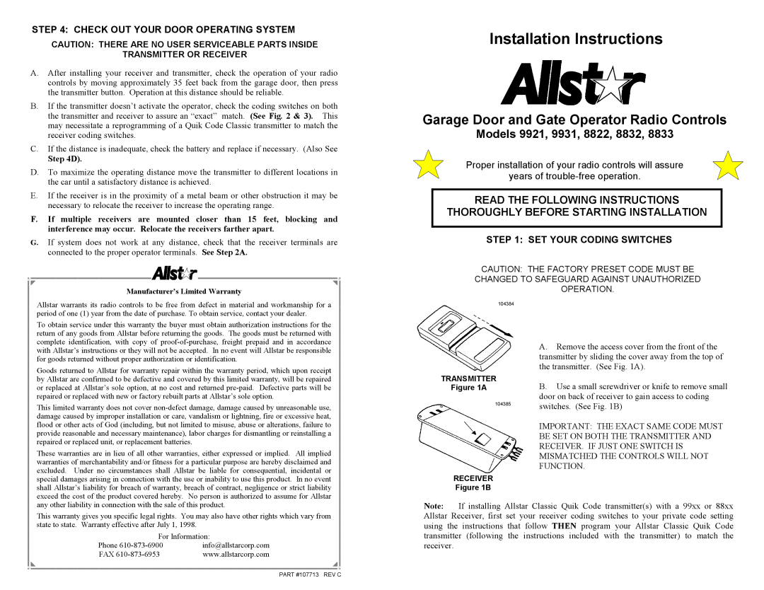 Allstar Products Group 9931, 9921 installation instructions Check Out Your Door Operating System, Set Your Coding Switches 