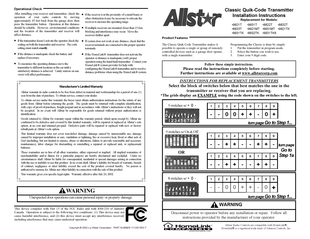 Allstar Products Group 9931TK, 9921TK, 8833T, 9921MT installation instructions Operational Check, Replacement for Models 