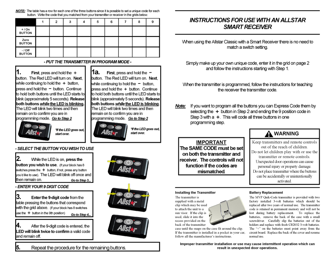 Allstar Products Group 9921TK PUT the Transmitter in Program Mode, Select the Button YOU Wish to USE, Battery Replacement 