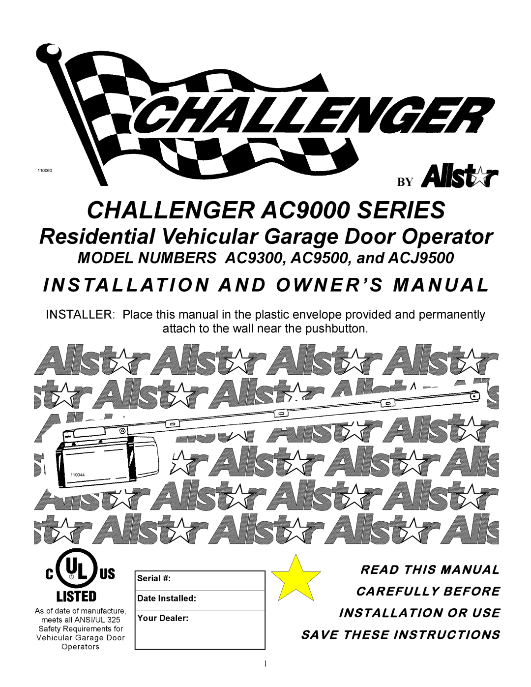 Allstar Products Group ACJ9500, AC9300, AC9500 owner manual Challenger AC9000 Series 