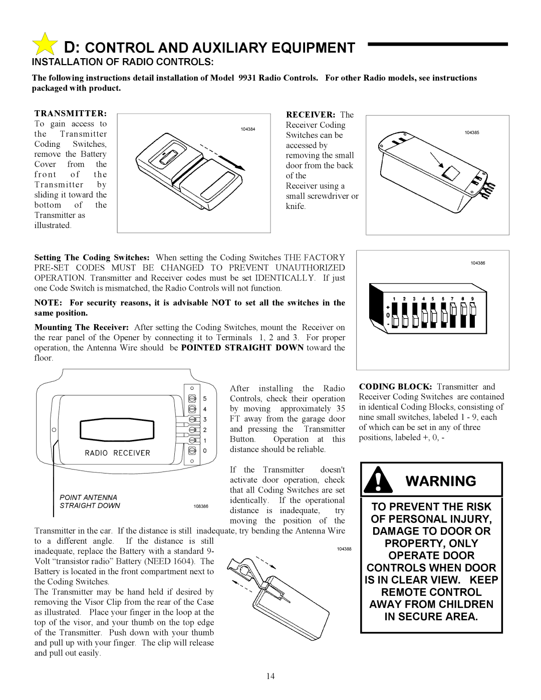 Allstar Products Group AC9500, AC9300, ACJ9500 owner manual Installation of Radio Controls, Transmitter 