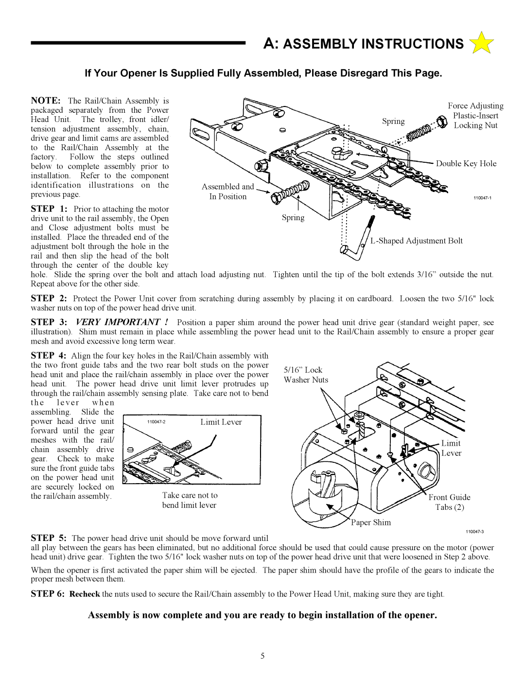 Allstar Products Group AC9500, AC9300, ACJ9500 owner manual Assembly Instructions 