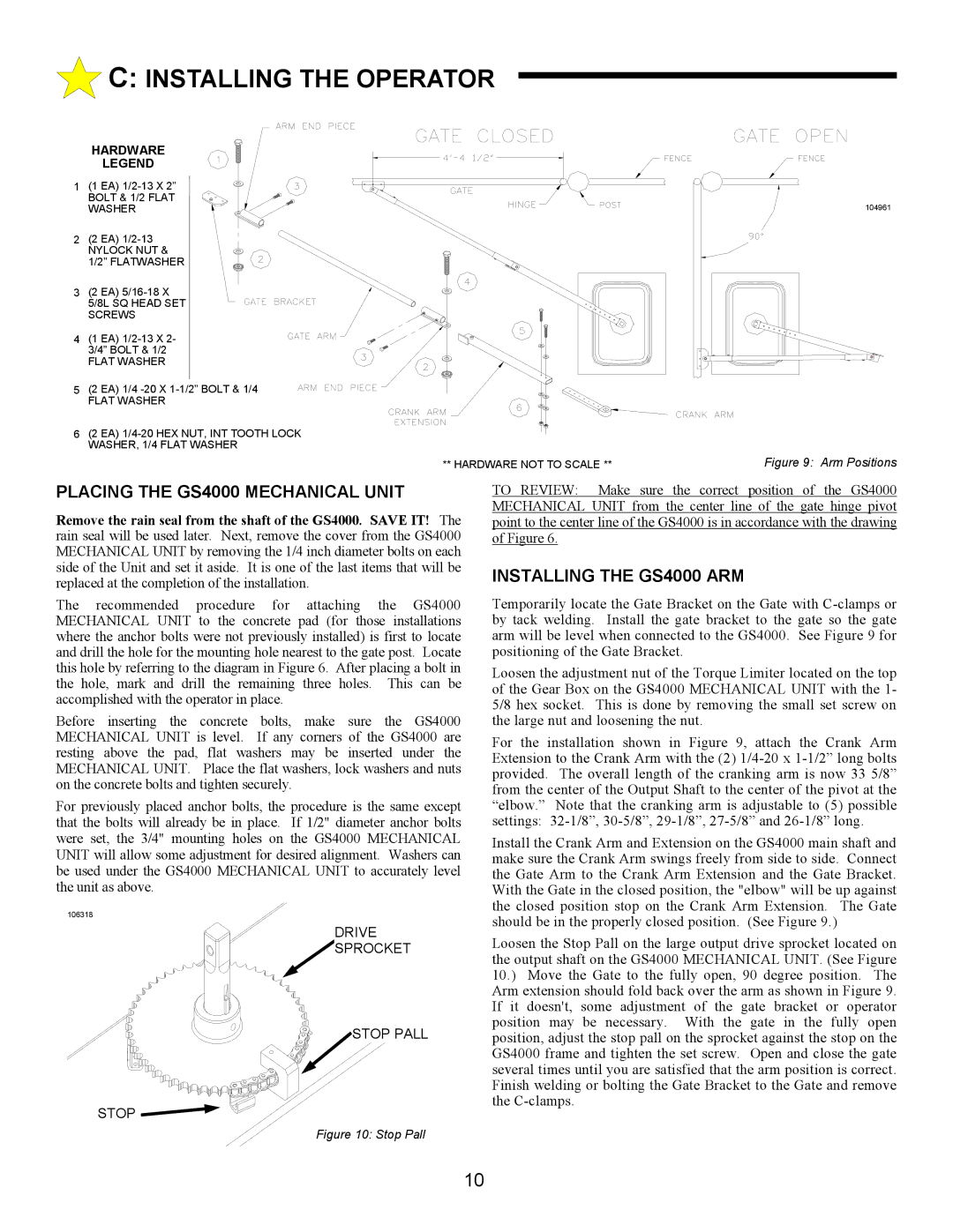 Allstar Products Group ANSI/UL 325 owner manual Placing the GS4000 Mechanical Unit, Installing the GS4000 ARM 