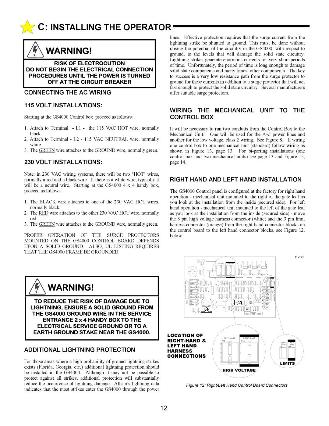 Allstar Products Group ANSI/UL 325 Connecting the AC Wiring Volt Installations, Additional Lightning Protection 