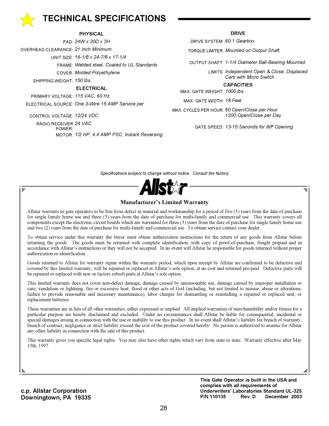 Allstar Products Group ANSI/UL 325 owner manual Technical Specifications, Physical Drive 