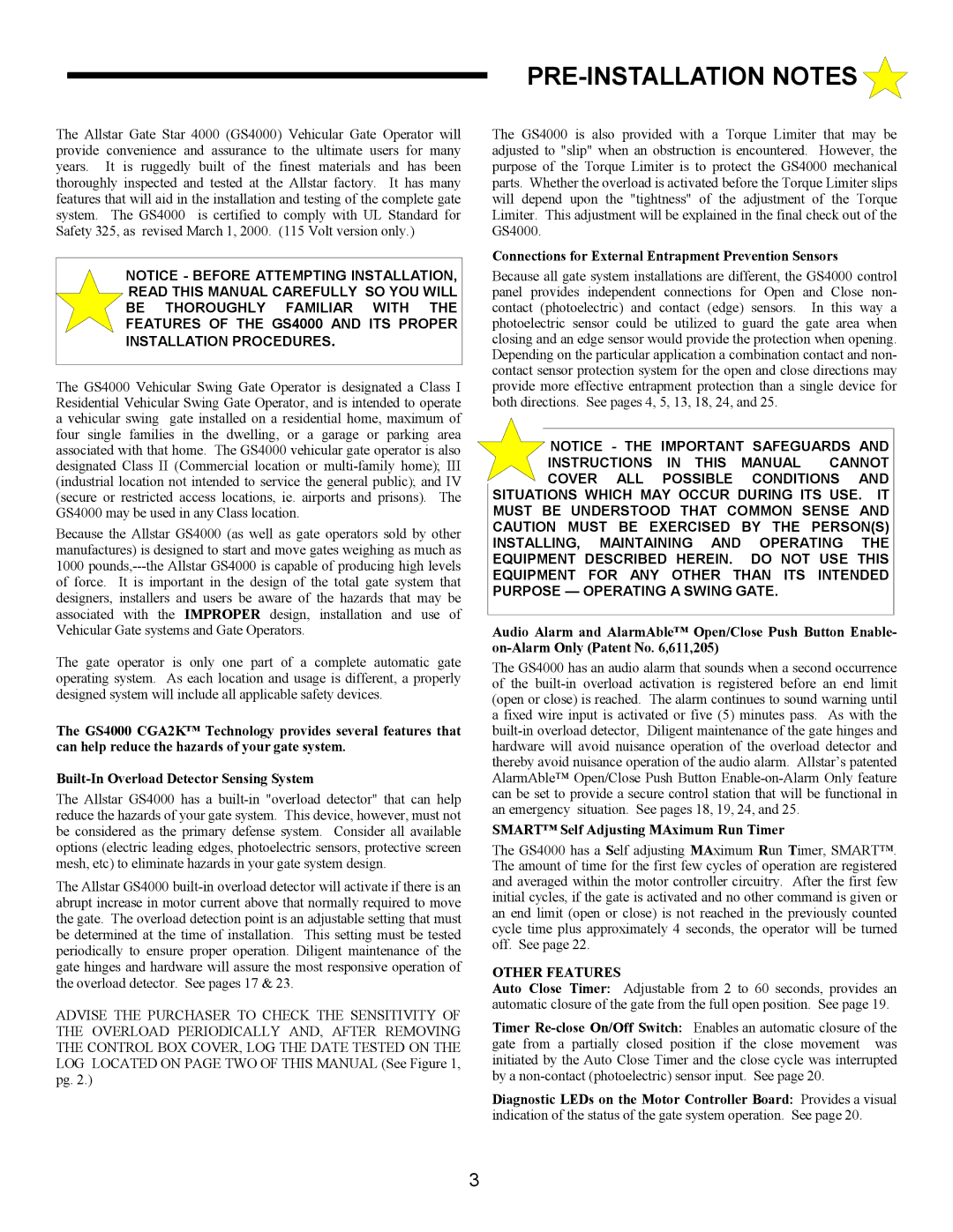 Allstar Products Group ANSI/UL 325 PRE-INSTALLATION Notes, Connections for External Entrapment Prevention Sensors 