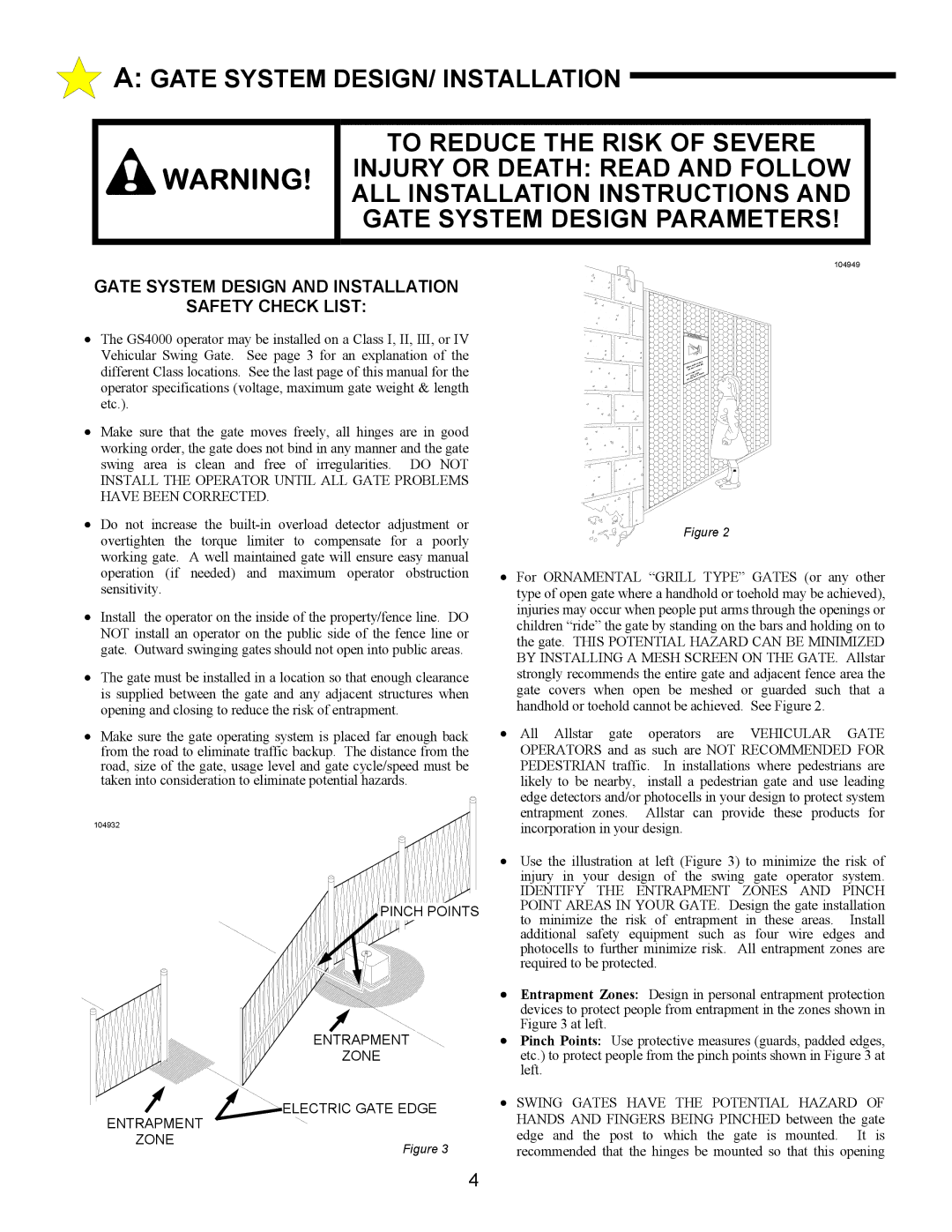 Allstar Products Group ANSI/UL 325 owner manual Gate System Design and Installation Safety Check List 