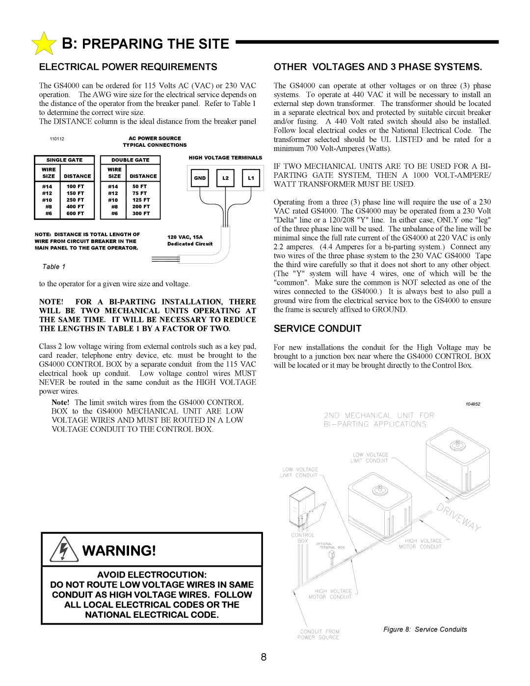 Allstar Products Group ANSI/UL 325 Electrical Power Requirements, Other Voltages and 3 Phase Systems, Service Conduit 