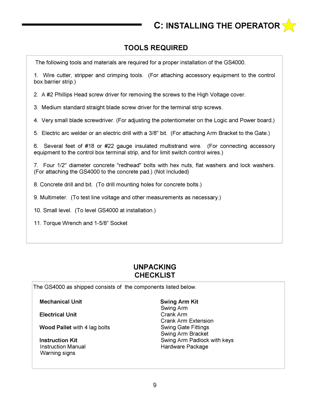 Allstar Products Group ANSI/UL 325 owner manual Installing the Operator, Tools Required 