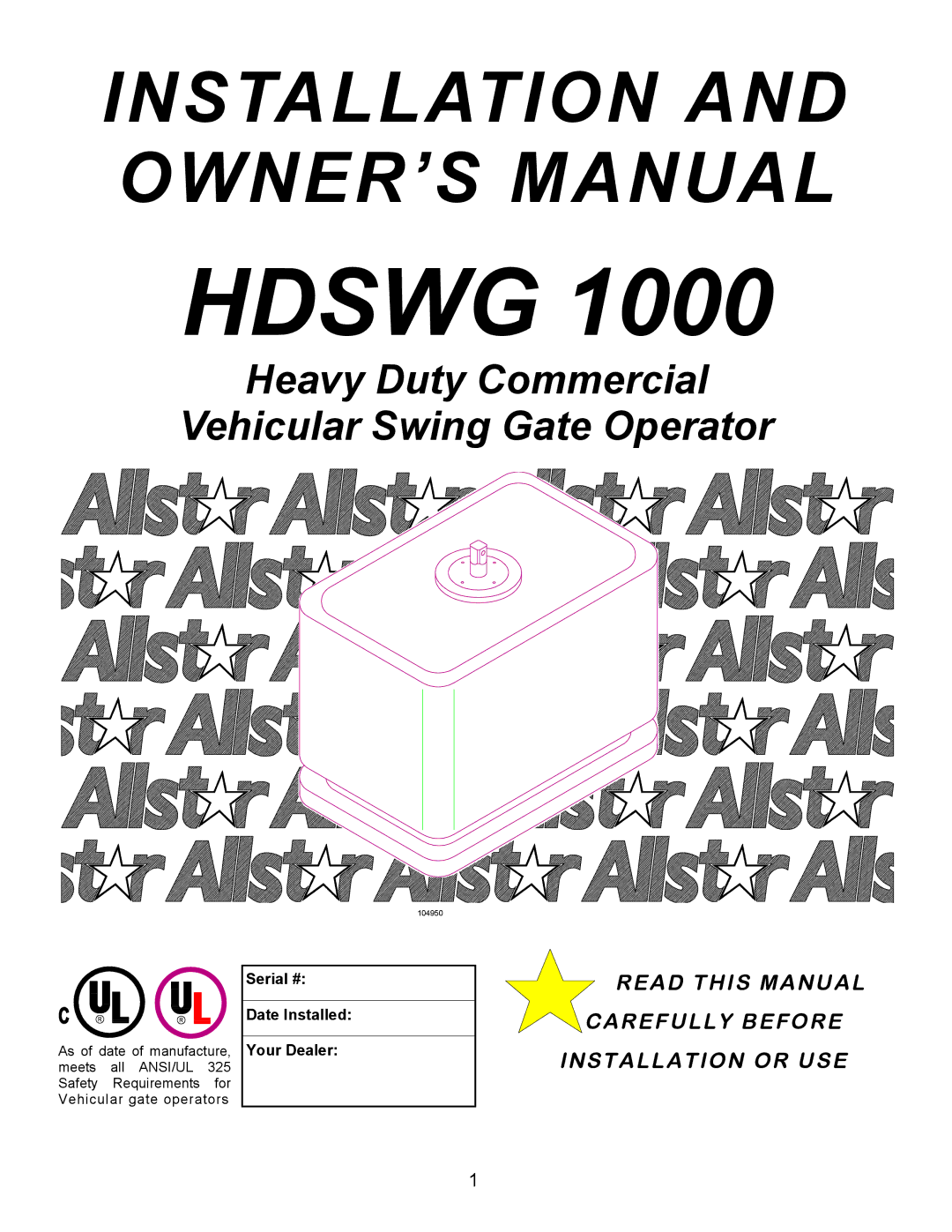 Allstar Products Group HDSWG 1000 owner manual Hdswg 