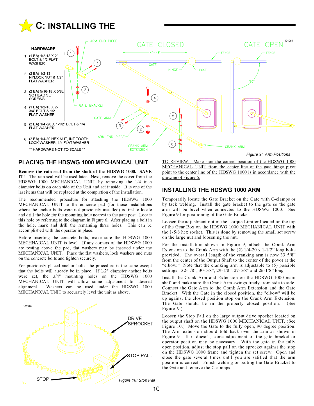 Allstar Products Group HDSWG 1000 owner manual Placing the Hdswg 1000 Mechanical Unit, Installing the Hdswg 1000 ARM 