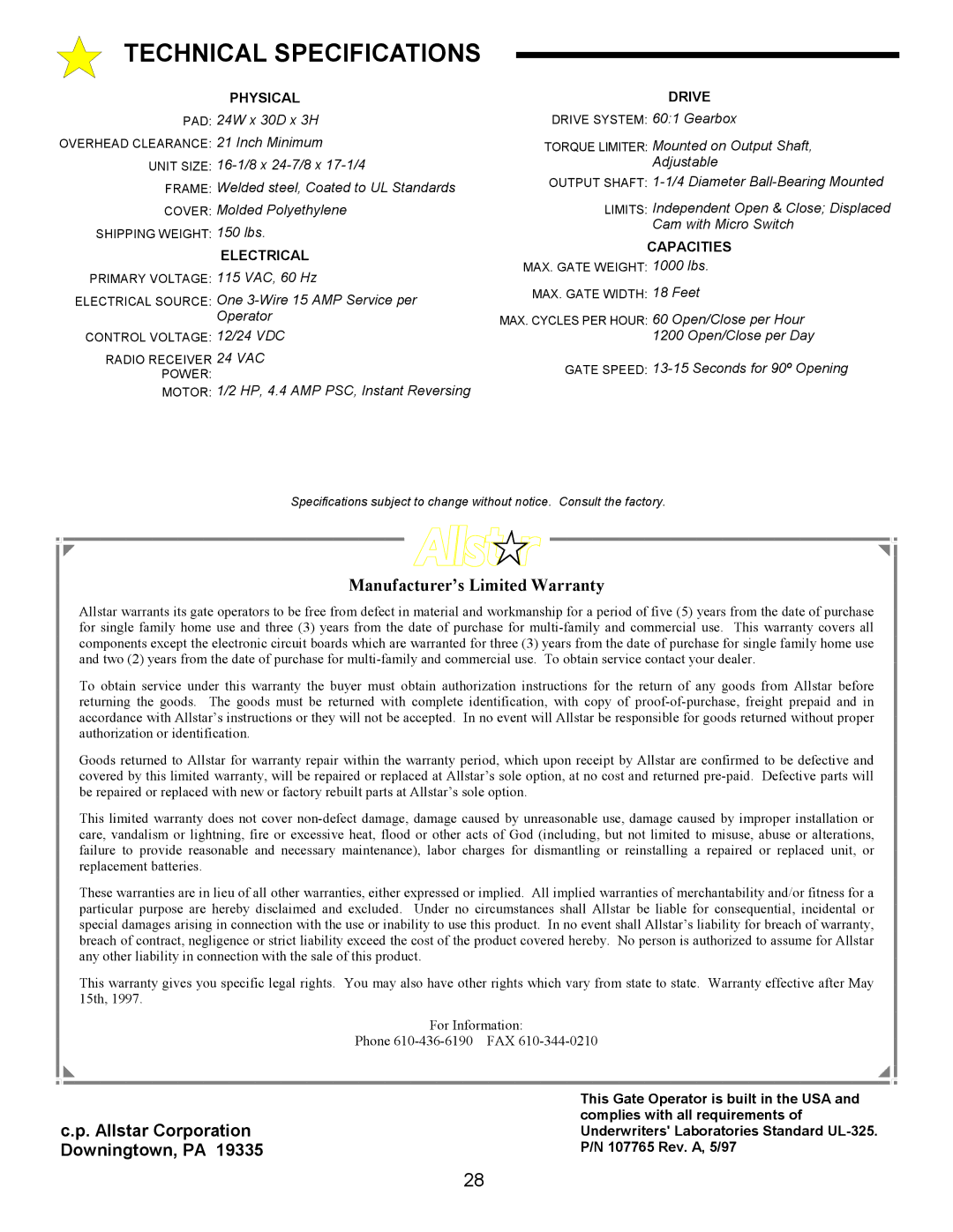 Allstar Products Group HDSWG 1000 owner manual Technical Specifications, Physical Drive, Electrical, Capacities 