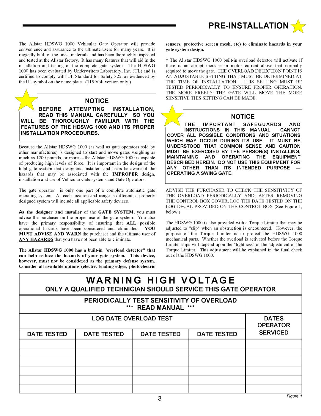 Allstar Products Group HDSWG 1000 owner manual Pre-Installation, LOG Date Overload Test Date Tested Dates Operator Serviced 