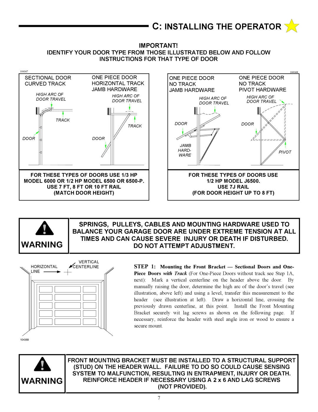 Allstar Products Group J6500, 6000, 6500-P owner manual Installing the Operator, For These Types of Doors USE 1/3 HP 