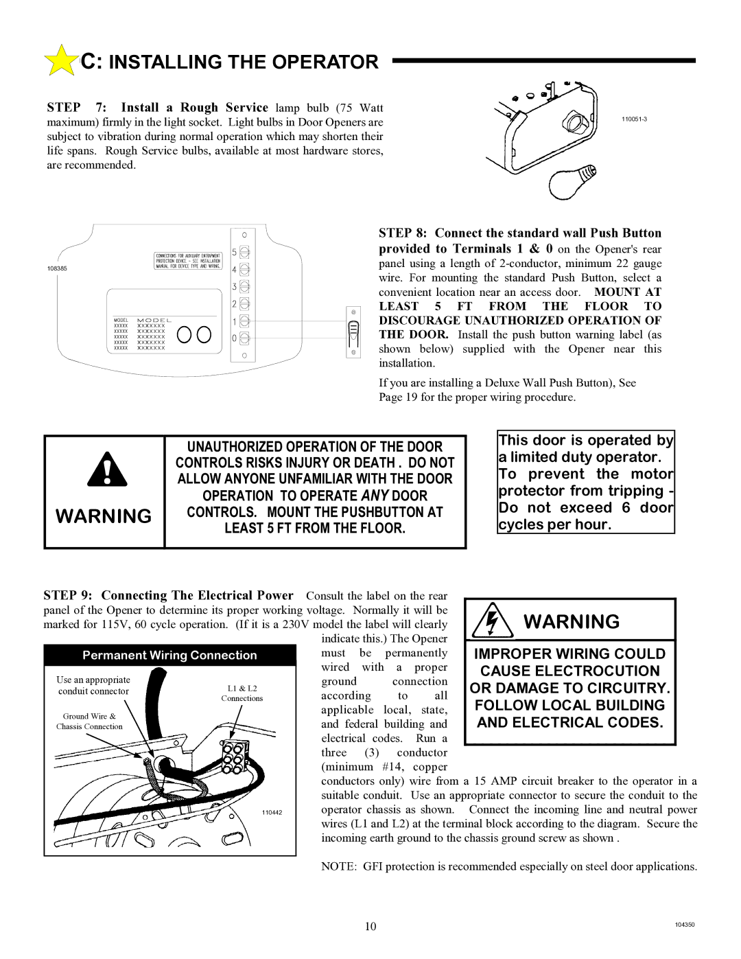 Allstar Products Group LT 50 owner manual Install a Rough Service lamp bulb 75 Watt, Connect the standard wall Push Button 