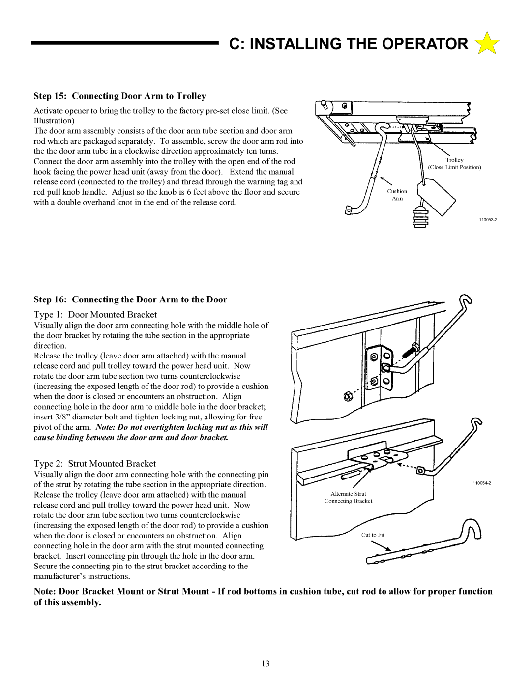 Allstar Products Group LT 50 owner manual Connecting Door Arm to Trolley, Connecting the Door Arm to the Door 