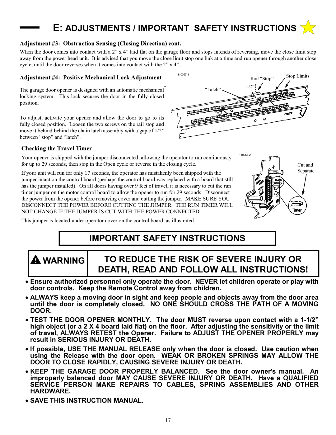 Allstar Products Group LT 50 owner manual Adjustments / Important Safety Instructions, Checking the Travel Timer 