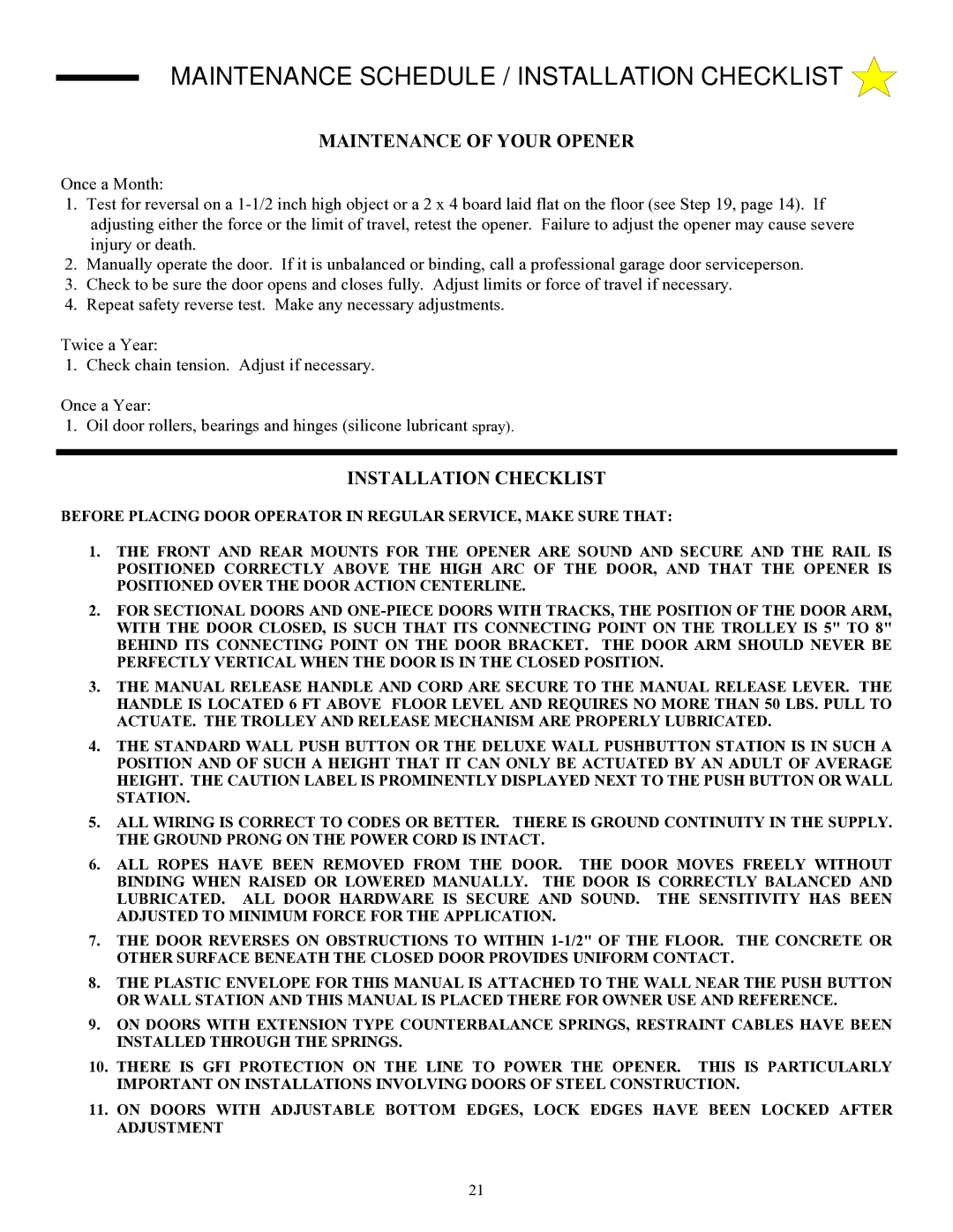 Allstar Products Group LT 50 owner manual Maintenance Schedule / Installation Checklist, Maintenance of Your Opener 