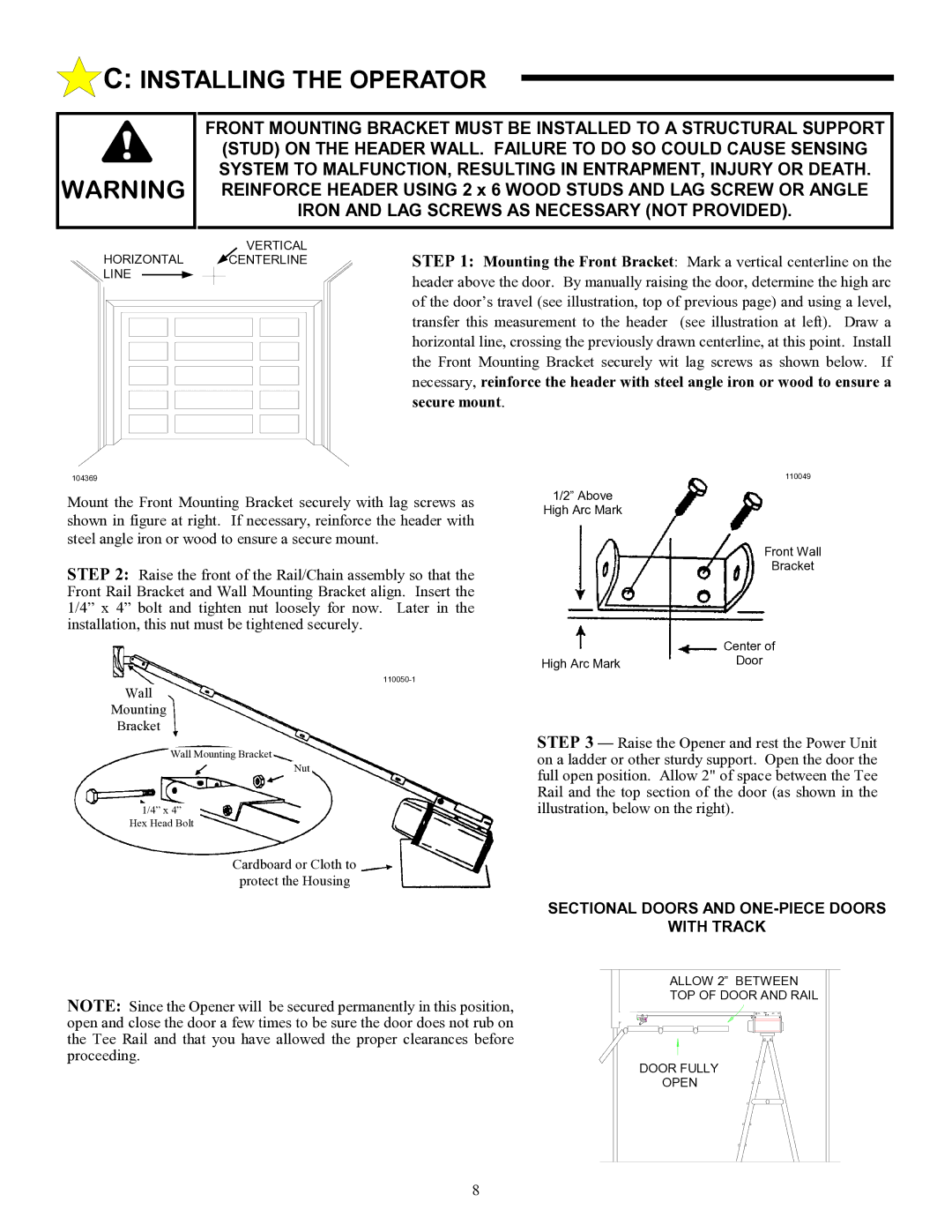 Allstar Products Group LT 50 owner manual Sectional Doors and ONE-PIECE Doors With Track 