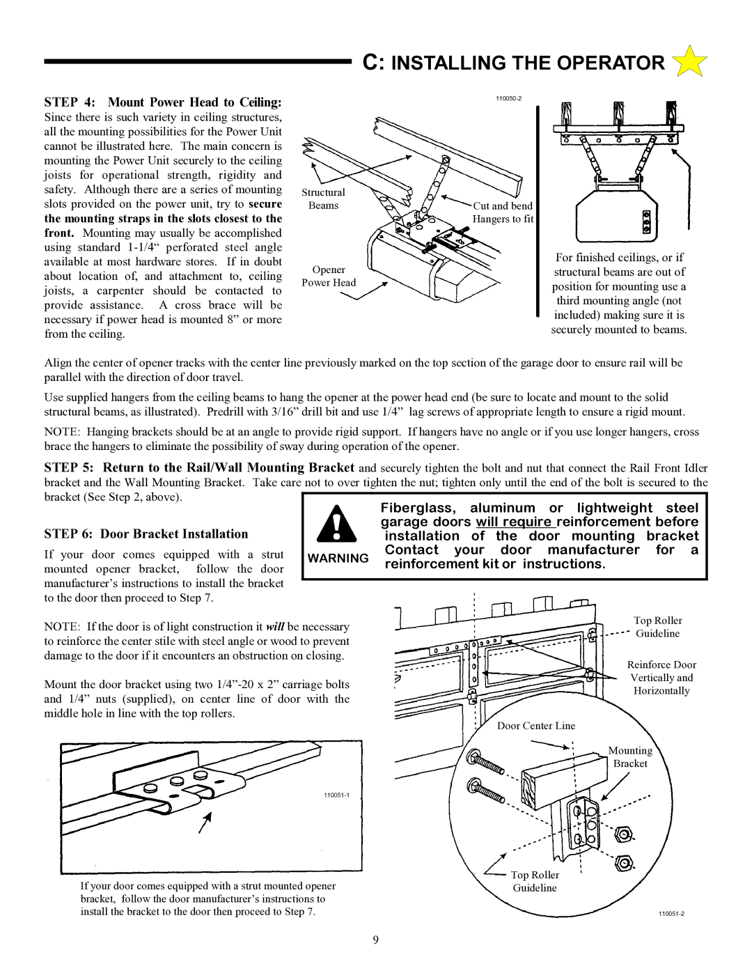 Allstar Products Group LT 50 owner manual Mount Power Head to Ceiling, Door Bracket Installation 