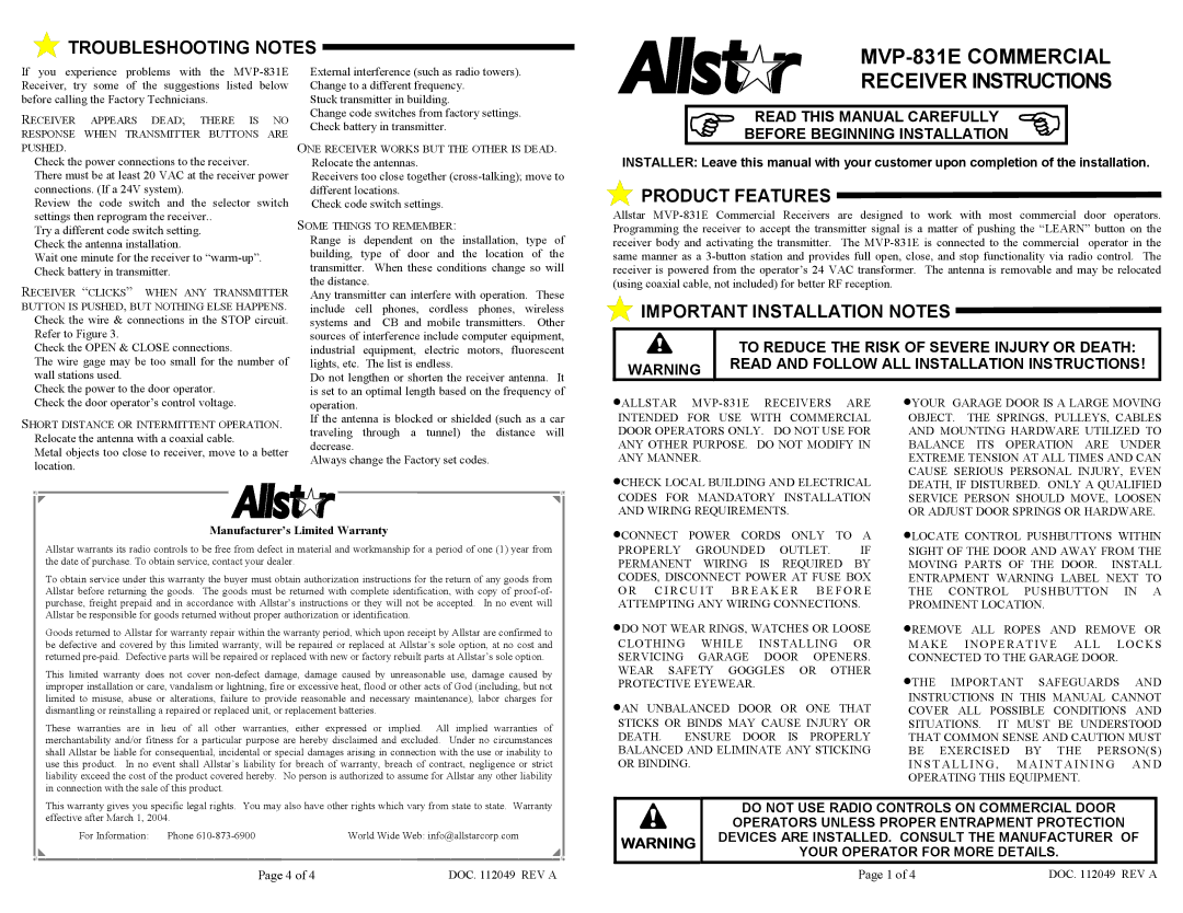 Allstar Products Group installation instructions MVP-831E Commercial, Receiver Instructions, Troubleshooting Notes 