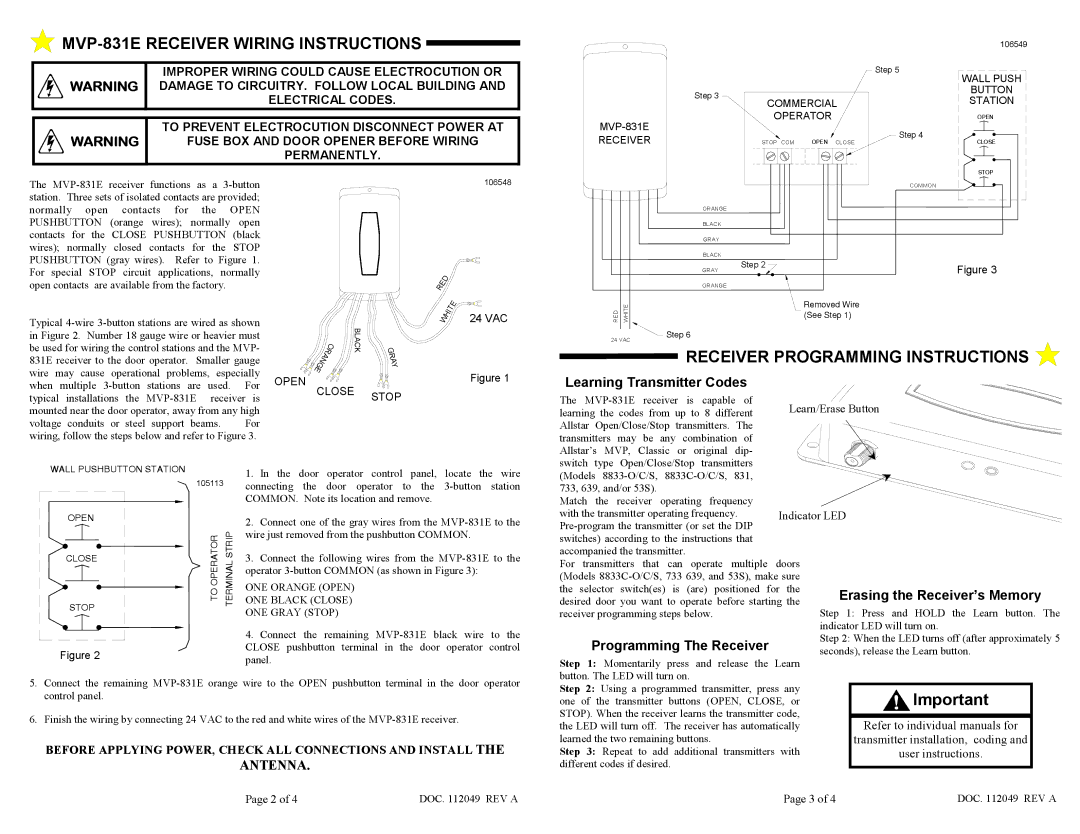 Allstar Products Group MVP-831E Receiver Wiring Instructions, Receiver Programming Instructions 