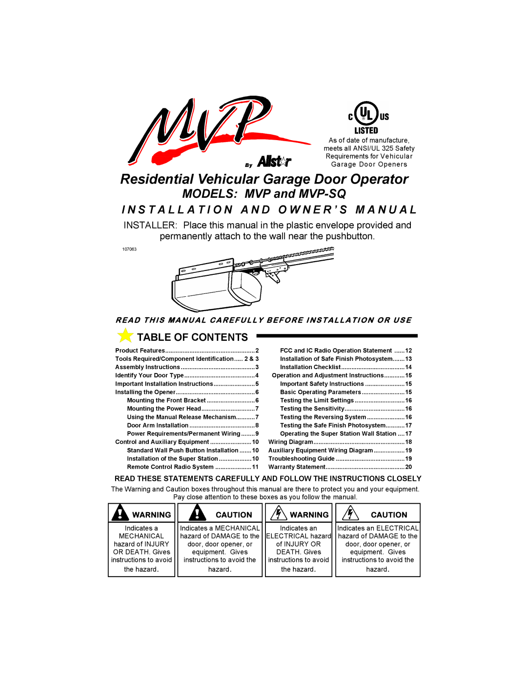 Allstar Products Group MVP-SQ owner manual Residential Vehicular Garage Door Operator 