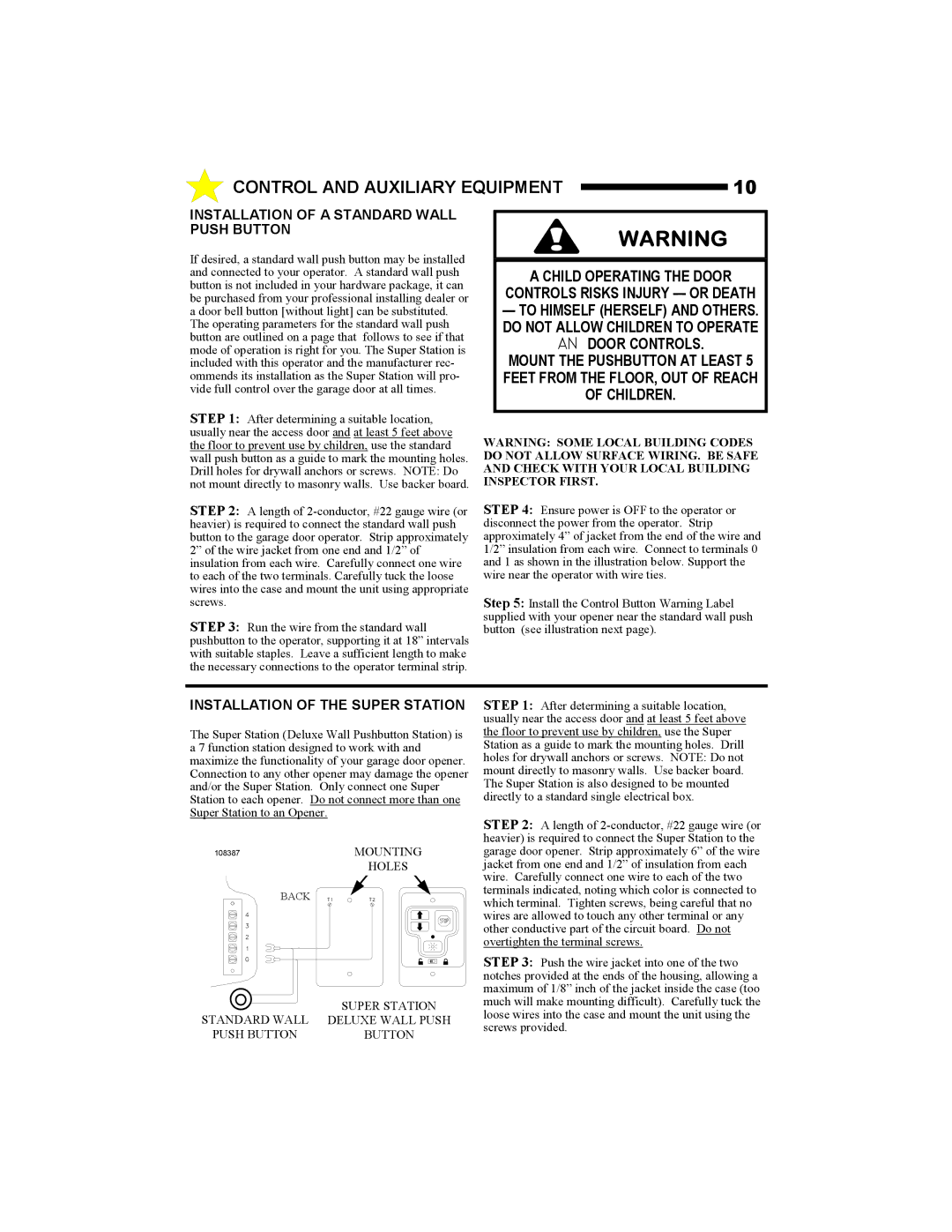 Allstar Products Group MVP-SQ owner manual Control and Auxiliary Equipment, Installation of a Standard Wall Push Button 