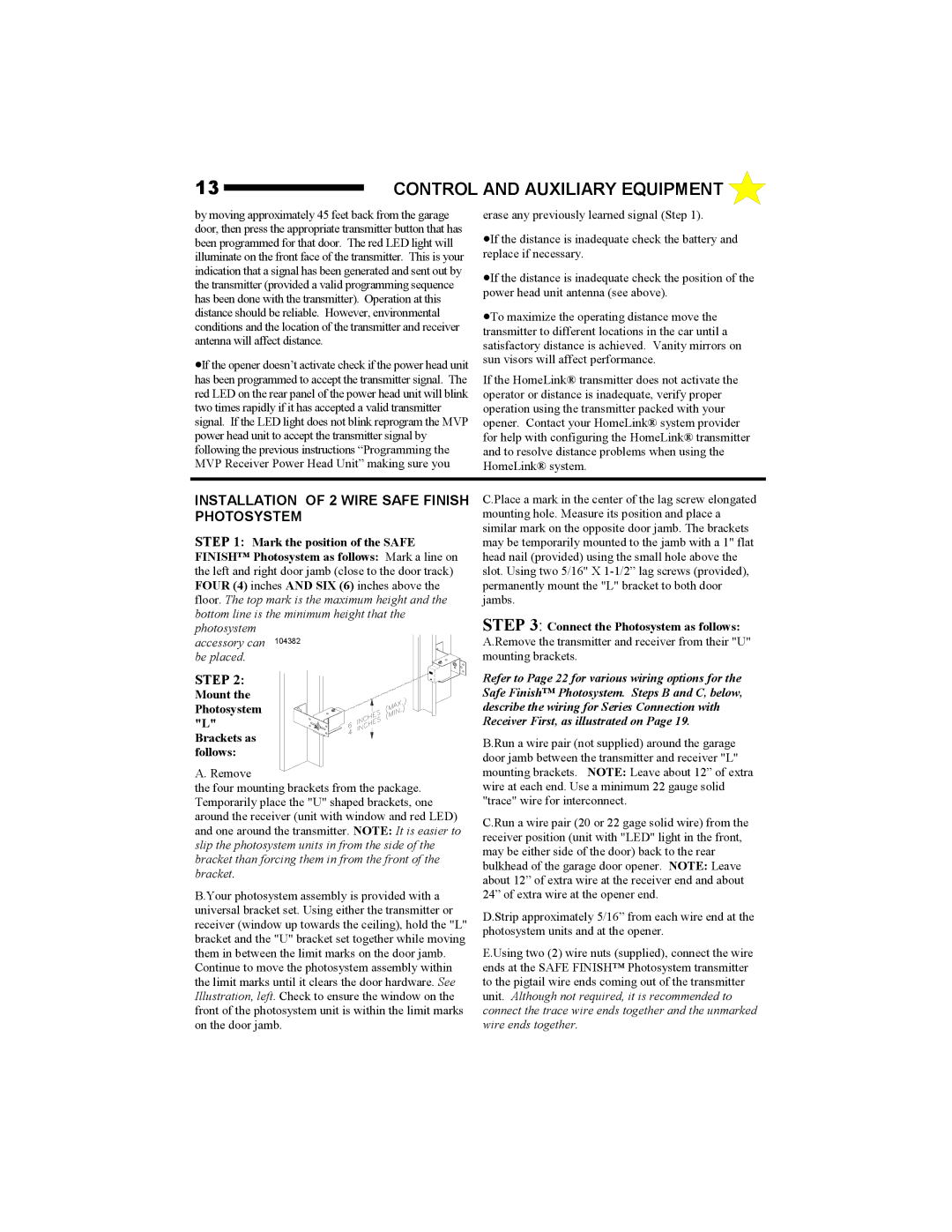 Allstar Products Group MVP-SQ owner manual Installation of 2 Wire Safe Finish Photosystem 