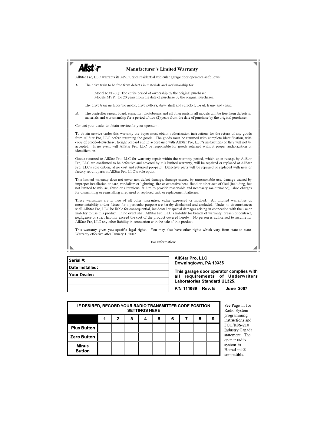 Allstar Products Group MVP-SQ owner manual Manufacturer’s Limited Warranty 