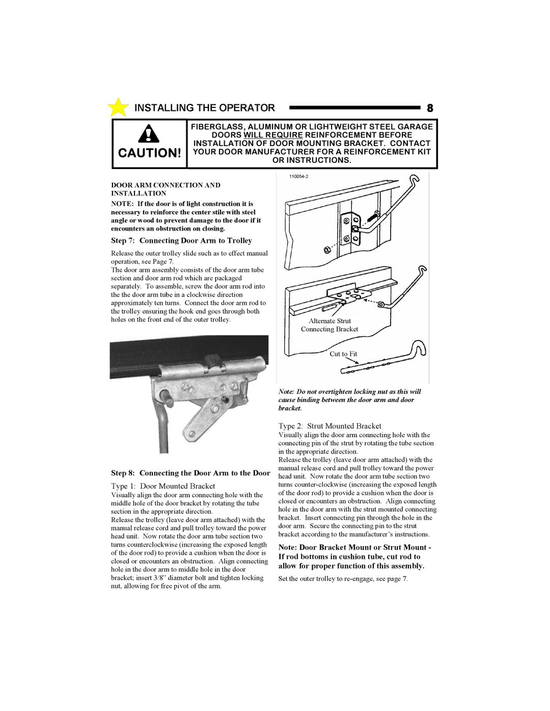 Allstar Products Group MVP-SQ Installing the Operator, Or Instructions, Alternate Strut Connecting Bracket Cut to Fit 