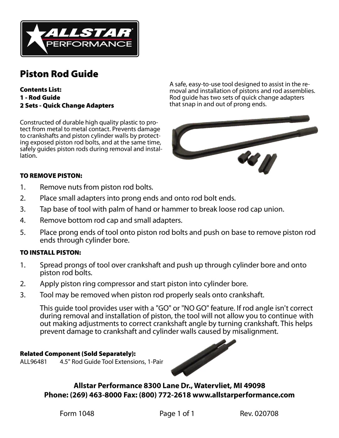 Allstar Products Group Paint Sprayer manual Piston Rod Guide, Contents List Rod Guide Sets Quick Change Adapters 