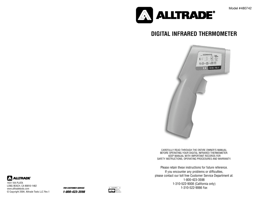 AllTrade 480742 owner manual Digital Infrared Thermometer 