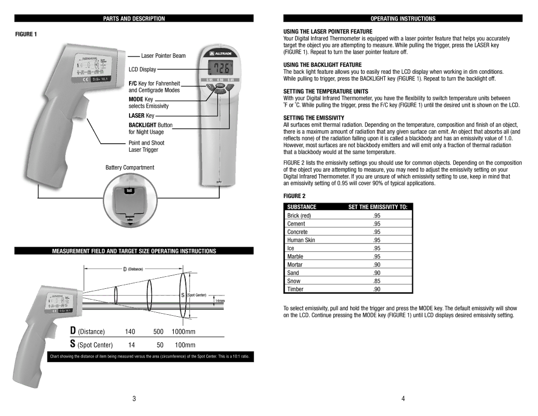 AllTrade 480742 owner manual Parts and Description, Measurement Field and Target Size Operating Instructions, Substance 