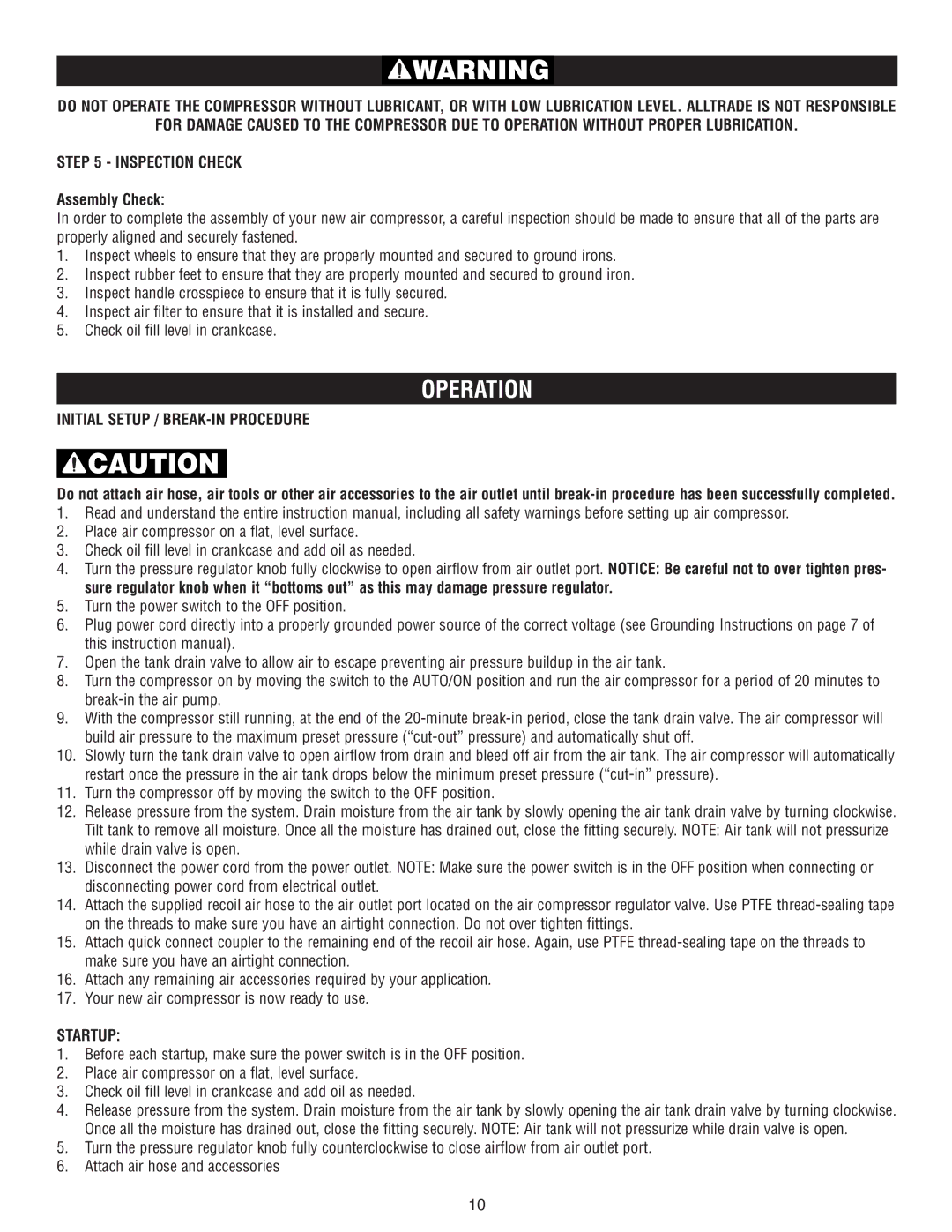 AllTrade 540010 instruction manual Operation, Assembly Check, Initial Setup / BREAK-IN Procedure, Startup 